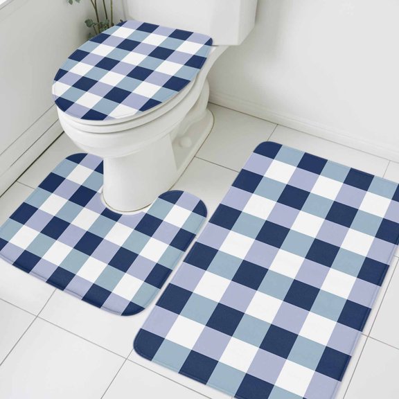 Buffalo Blue Plaid Bathroom Rugs Set Spring Simple Pattern Non Slip Absorbent Soft Bath Mats 3 Piece Set with Bathroom Rug, U-Shaped Floor Mat, Toilet Seat Cover Small Size