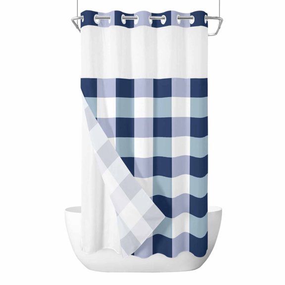 Buffalo Blue Plaid No Hooks Shower Curtain with Snap-in Liner Spring Simple Pattern Shower Curtains for Bathroom, Waterproof, Easy Install, Washable 54"x78"