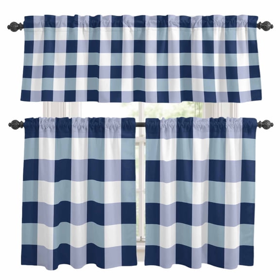 Buffalo Blue Plaid Kitchen Curtains Set for Windows, Spring Simple Pattern Curtains Valance and Tier 3 Piece Set Small Drapes 24 Inch Length for Kitchen Bedroom Decor