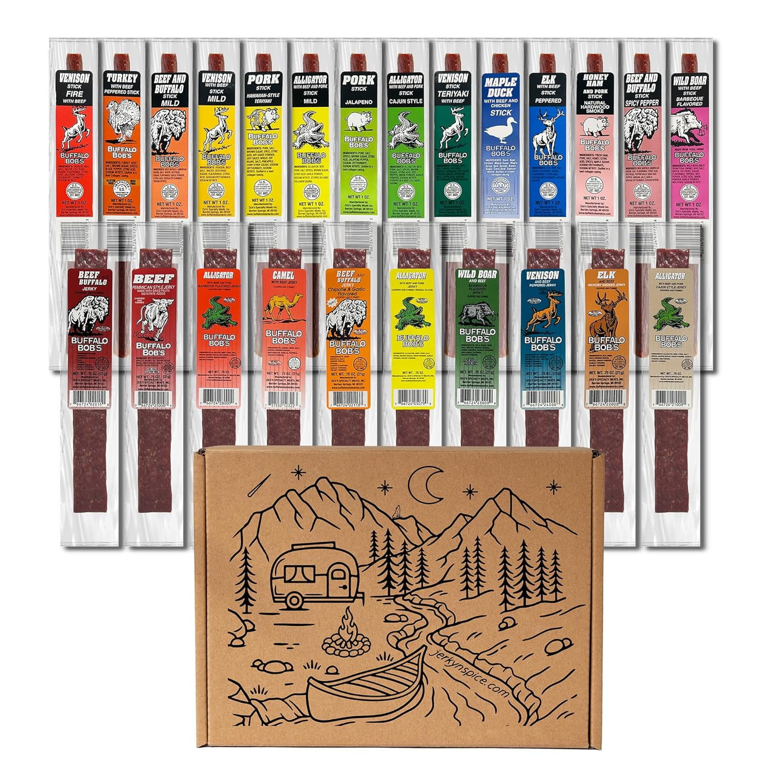 Buffalo Bob's Wild Game Meat (24 pack), Ultimate Exotic Jerky Gift Box for Men, Jerky Variety