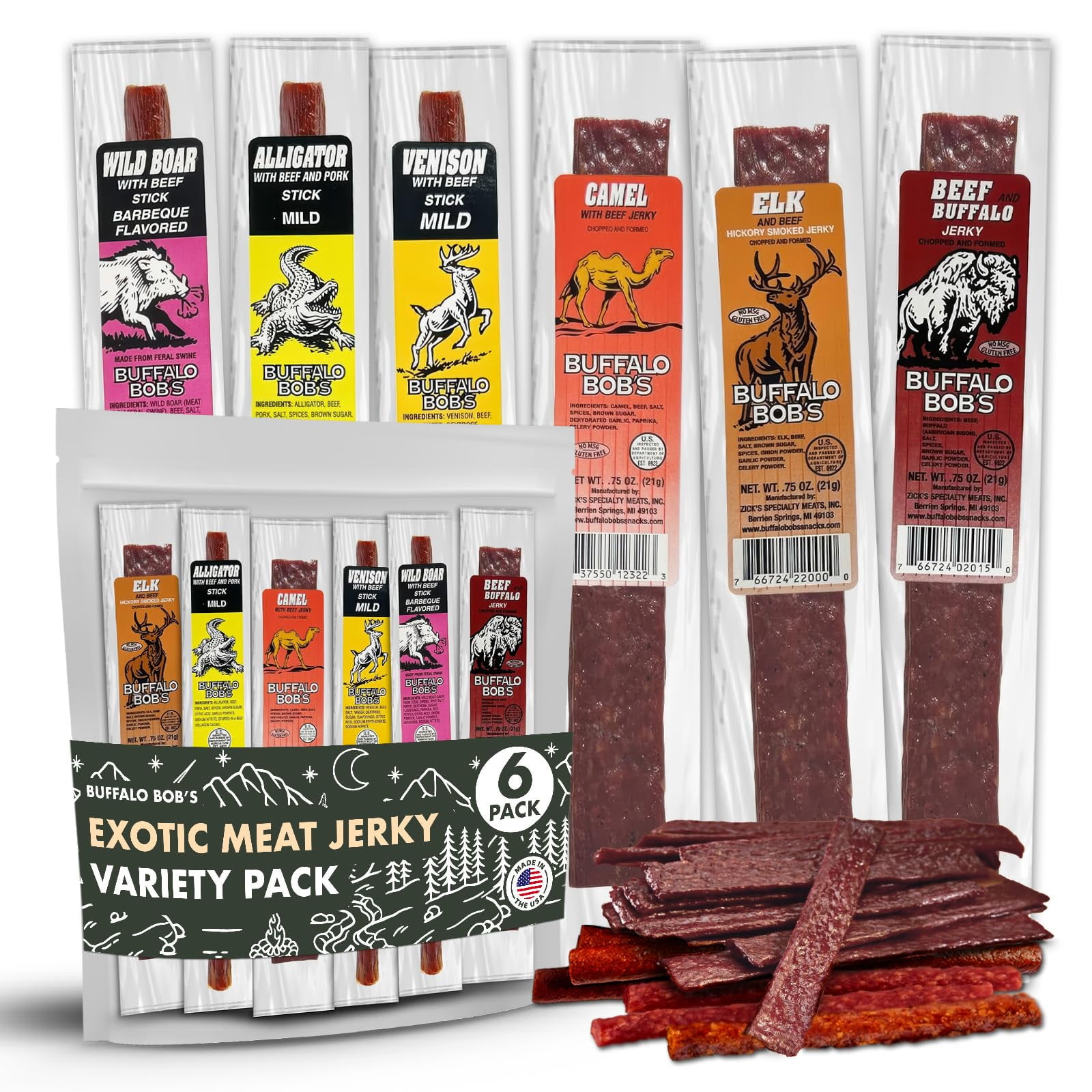 Buffalo Bob's Wild Game Meat Snacks (6 MDH1Pack), Jerky Variety Gift ...