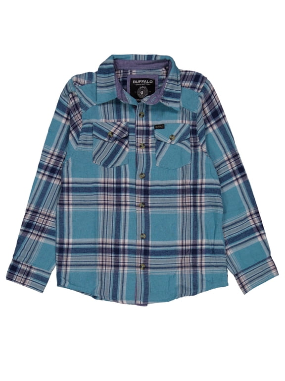 Boys' Yarn Dye Flannel Plaid Long Sleeve Button-Up Shirt Color: blue Size: 14 - 16