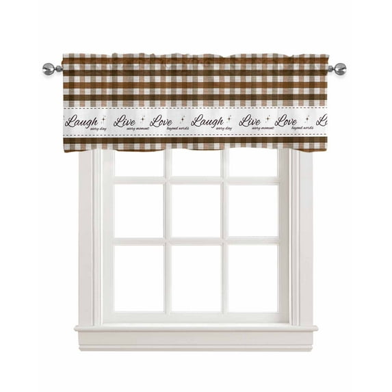 Buffalo Brown Linen Curtain Valance for Bedroom/Bathroom/Kitchen/Office/Living/Dining Room Window,Live Love Plaid Laugh Motivational Quote Pocket Topper Drapes Decorative Cafe Drapery Panel 42"x18"