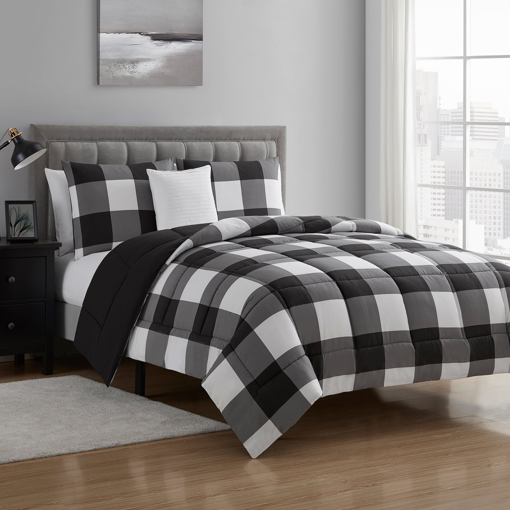 Buffalo Check 4 Piece Comforter Set Luxury All Season Down Alternative, 2 Shams and Pillow