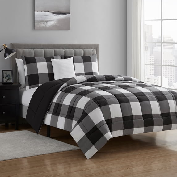 Buffalo Check 4 Piece Comforter Set Luxury All Season Down Alternative, 2 Shams and Pillow