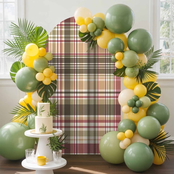 Buffalo Check Arch Backdrop Cover, 6.6FT, Plaid Brown Plaid Vintage Retro Country Spandex Arch Covers Double-Sided Backdrop for Wedding Birthday Party Photo Background Decoration