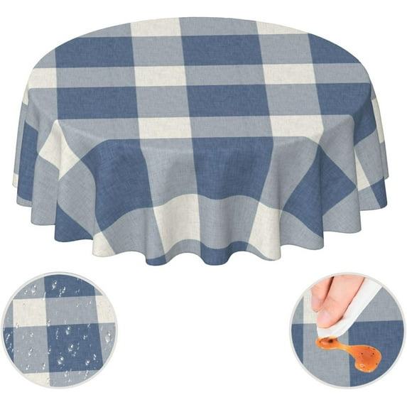 Buffalo Check Blue and White Plaid Farm Waterproof Picnic Patio Party Round Table Cloth Cover Decorations Fabric 60 Inch Circular Tablecloth for 20-47 Inch Home Dining Room Kitchen Decor