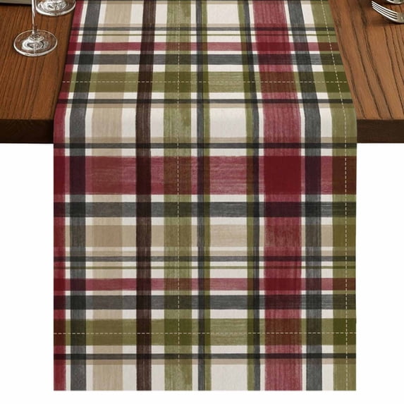 Buffalo Check Burlap Cotton Table Runner 13x70 Inches Long, Red Green Farmhouse Plaid Vintage Autumn Farmhouse Table Runners, Outdoor Dining Tablecloths Decor for Baby Shower/Party/Wedding