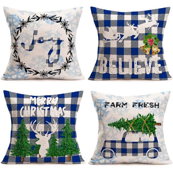 Buffalo Check Christmas Decorations Set of 4 Throw Pillow Covers Blue White Truck with Christmas Tree Reindeer Joy Believe Pillow Cases Cotton Linen 18x18 Inch Winter Snowflake Pillowcase