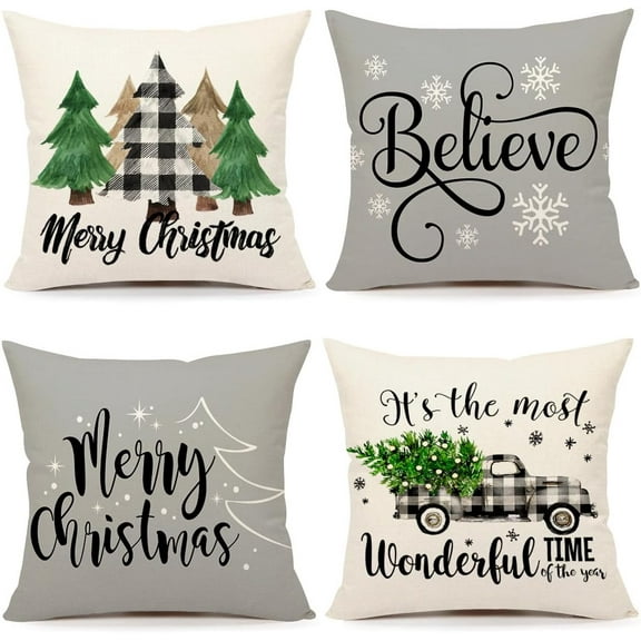 Buffalo Check Christmas Pillow Covers 18x18 Set of 4 Black White Farmhouse Xmas Decorations Winter Holiday Decor Throw Cushion Case for Home Couch