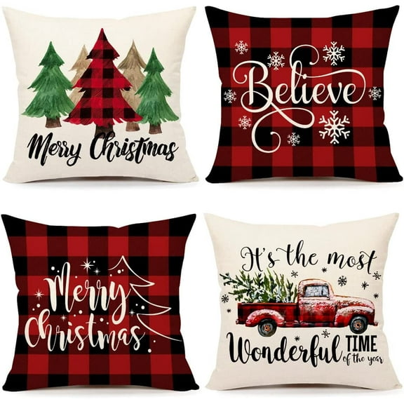 Buffalo Check Christmas Pillow Covers 18x18 Set of 4 Red Black Farmhouse Christmas Decorations Winter Holiday Decor Throw Cushion Case for Home Couch