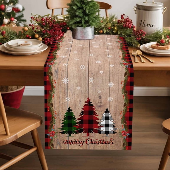 Buffalo Check Cotton Linen Table Runner Plaid Merry Christmas Trees on Retro Wooden Board Dining Table Runners for Home Decor Party Dining Room Restaurant Kitchen Party 13" x 90"