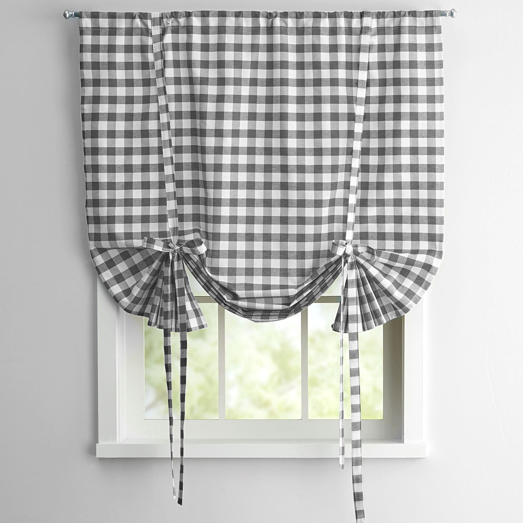 Gray Buffalo Check Fabric Tie-Up Shade Panel