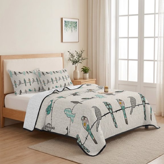 Buffalo Check Floral Texture Bird Pattern 3 Pieces Quilt Set,1 Quilt with 2 Shams,Vintage Burlap Cotton Bedspread Soft Lightweight Bedding Coverlet Comforter Set for All Season 68"x98"