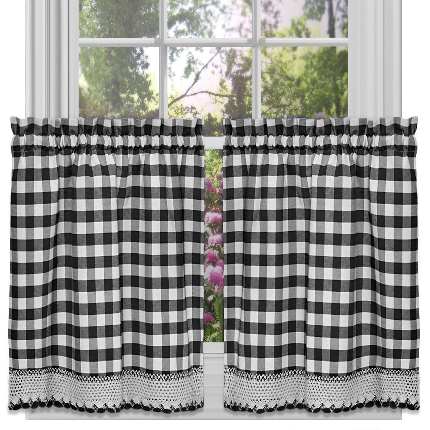 Black and White Gingham Scallop Tier Curtains 36" x 58"