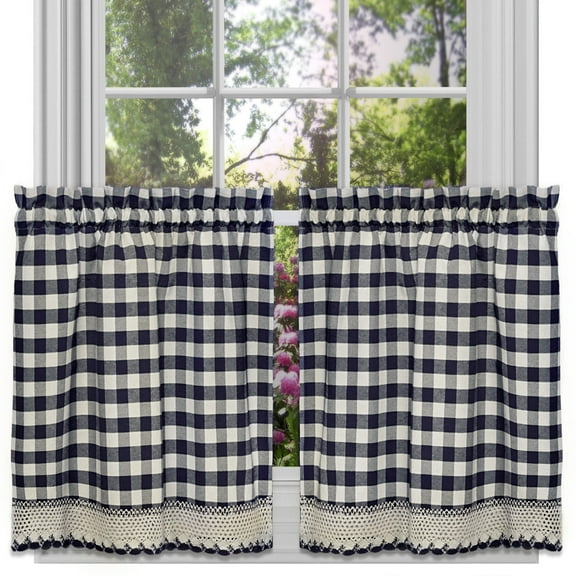 Buffalo Check Gingham Kitchen Curtains Tiers or Valance - Navy Size 24" Tier Pair