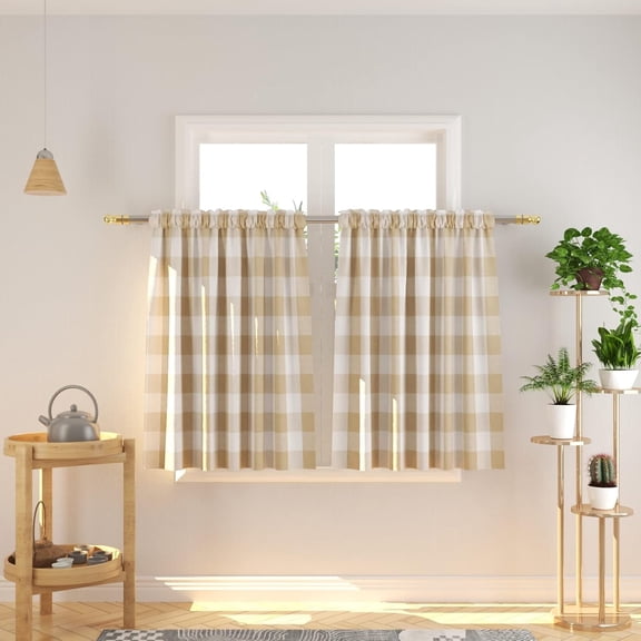 Buffalo Check Kitchen Tier Curtais 36 inches Long Plaid Gingham Rod Pocket Classic Cafe Curtains Country Farmhouse Kitchen Half Window Curtains 2 Panels Beige & White