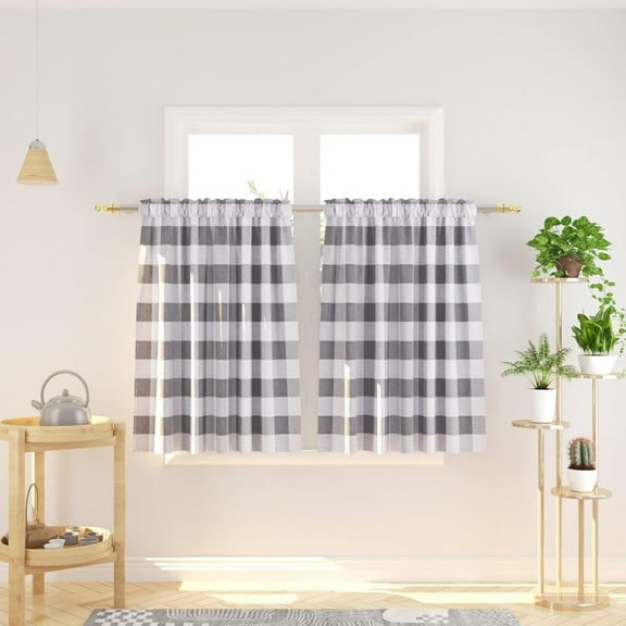 Buffalo Check Kitchen Tier Curtais 36 inches Long Plaid Gingham Rod Pocket Classic Cafe Curtains Country Farmhouse Kitchen Short Curtains 2 Panels Grey & White