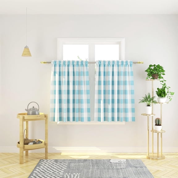 Buffalo Check Kitchen Tier Curtais 36 inches Long Plaid Gingham Rod Pocket Classic Cafe Curtains Country Farmhouse Kitchen Short Curtains 2 Panels Sky Blue & White