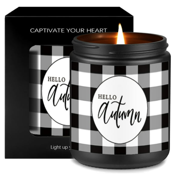 Buffalo Check Lavender Scented Candle Fall Themed Orange Pumpkin Rustic Farmhouser Autumn Harvest Thanksgiving Day Decoration Gift Ideas for Women Hostess Men Friends Her Mom Cute Home Decor Items