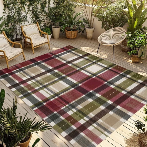 Buffalo Check Outdoor Rug for Patio/Deck/Porch, Non-Slip Large Area Rug 6 x 9 Ft, Red Green Farmhouse Plaid Vintage Autumn Indoor Outdoor Rugs Washable Area Rugs, Reversible Camping Rug Carpet Runner