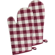 Buffalo Check Oven Mitts, 2 Pack, Burgundy - 7" X 13" - Quilted Holders Are Heat Resistant, Machine Washable & Stain Repellant - Non-Slip For Cooking, Baking & Grilling By   Decor