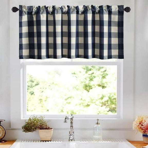 Buffalo Check Plaid Cotton Valances for Windows, Blue and White Farmhouse Design Window Treatment Decor Curtains, Rod Pocket Valances for Cafe, 52x18, Navy