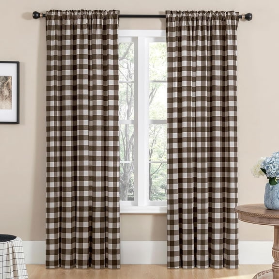 Buffalo Check Plaid Curtains for Living Room, Bedroom Farmhouse Gingham Style Cotton Texture Rod Pocket Semi Curtain Drapes, Brown, 52 x 84 Inch(2 Panels)