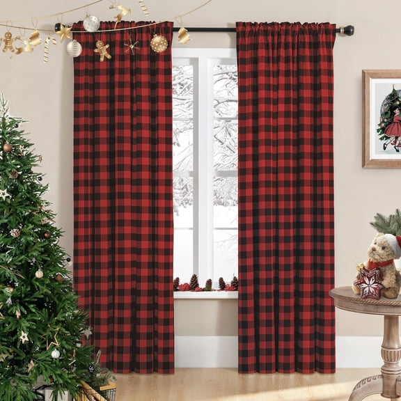 Buffalo Check Plaid Curtains for Living Room, Farmhouse Gingham Style Cotton Texture Rod Pocket Bedroom Semi Curtain Drapes, Black Red, 52 x 84 Inch(2 Panels)