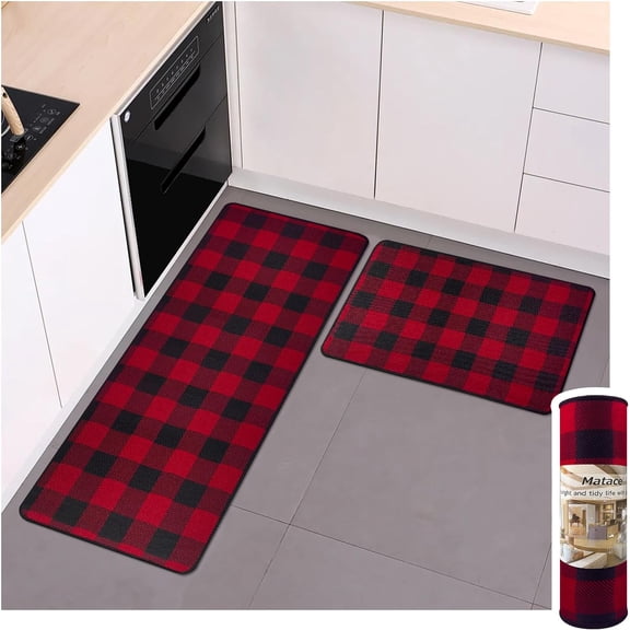 Buffalo Check Plaid Kitchen Rug Set - 2PCS (17x47 & 17x29), Farmhouse Style, Non-Printed Woven Surface, Non-Slip, Machine Washable, Black & Red