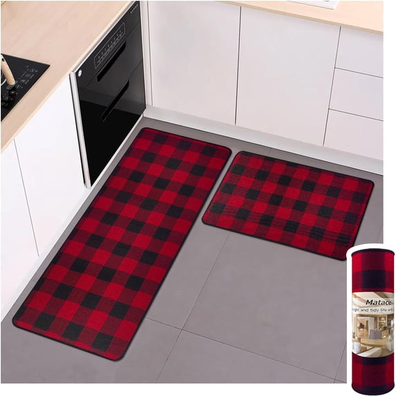Buffalo Check Plaid Kitchen Rug Set - 2PCS (17x47 & 17x29), Farmhouse Style, Non-Printed Woven Surface, Non-Slip, Machine Washable, Black & Red
