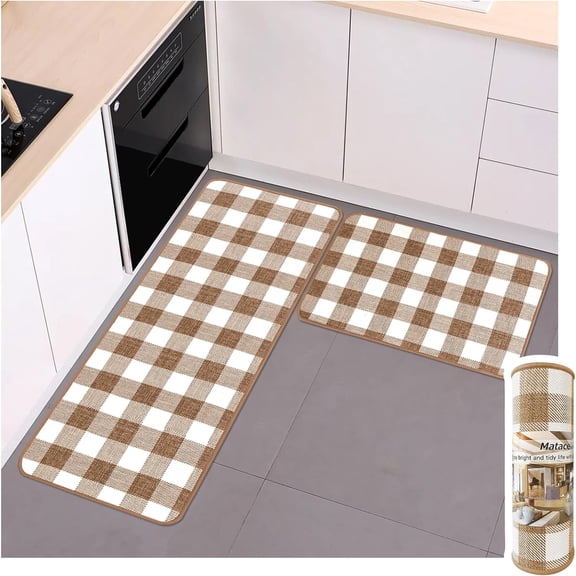 Buffalo Check Plaid Kitchen Rug Set - 2PCS (17x47 & 17x29), Farmhouse Style, Non-Printed Woven Surface, Non-Slip, Machine Washable, Brown & White