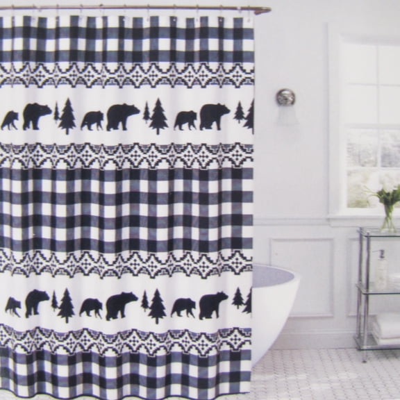 Buffalo Check Plaid Pattern Cloth Bear Bath Shower Curtain Rustic Cabin Bathroom Decor