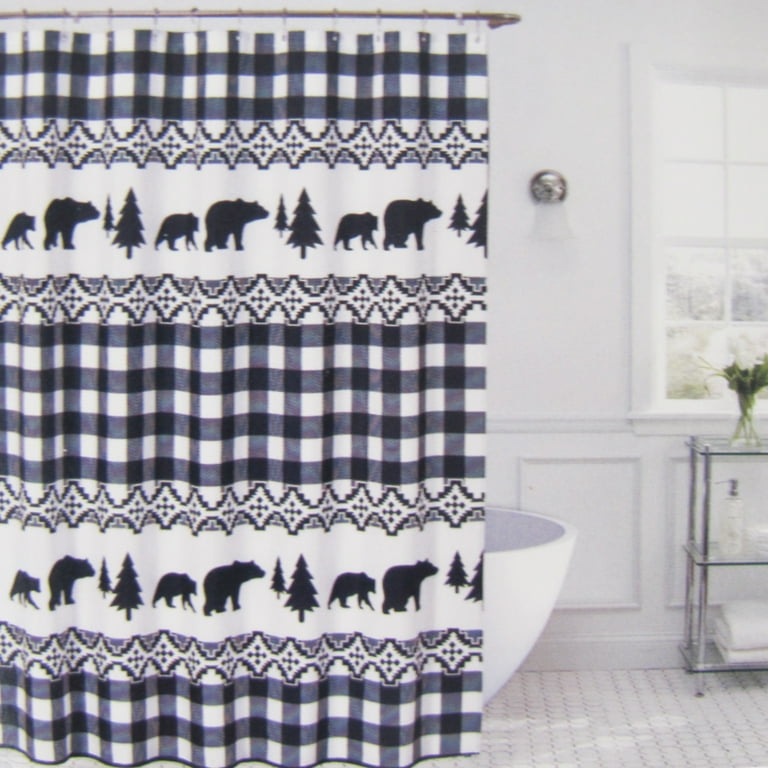 Black White Buffalo Check Plaid Bear Bath Shower Curtain Rustic Bathroom Decor Black White Buffalo Check Plaid Bear Bath Shower Curtain Rustic Bathroom Decor