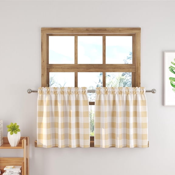 Buffalo Check Plaid Valances Gingham 2 Pack Tiers Rod Pocket Beige and White Farmhouse Short Curtains For Windows Treatment Decor Small Curtains Over Sink For Kitchen/Living Room 24 Inch Length