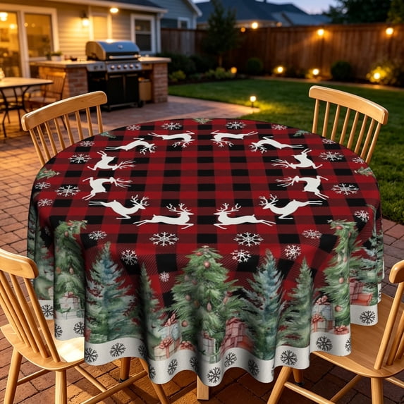 Buffalo Check Reindeer Pine Tree Border Pattern Round Tablecloth, Multi ...