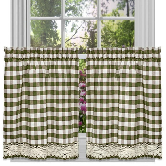 Buffalo Check Sage Gingham Kitchen Curtain Window Treatment Assorted Sizes Size 36 Cafe/Tier Pair