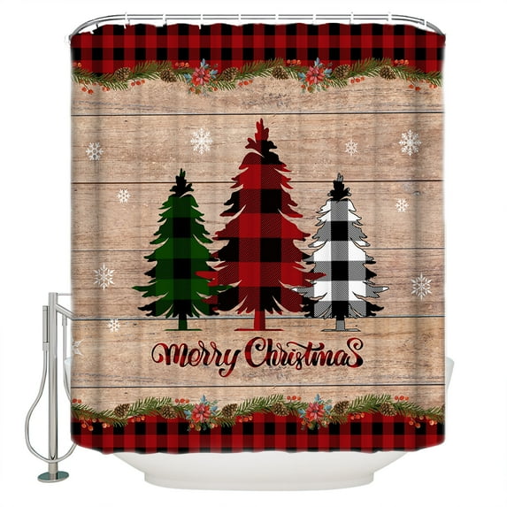 Buffalo Check Shower Curtain, 48" x 72", Plaid Merry Christmas Trees on Retro Wooden Board Waterproof Bathroom Curtain Washable Shower Curtain Set with 12 Hooks