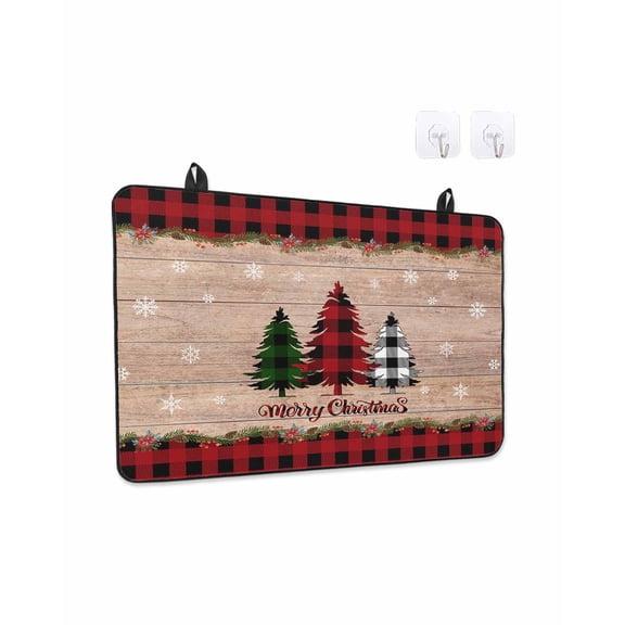 Buffalo Check Stove Top Covers for Electric Stove, 28'x20'' Plaid Merry Christmas Trees on Retro Wooden Board Glass Ceramic Stove Cover Foldable Rubber Mat Cooktop Protector for Kitchen