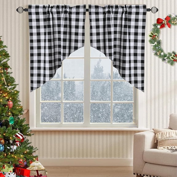 Buffalo Check Swag Valances Curtains Black White Rod Pocket Chic Vintage Country Plaid Gingham Small Kitchen Cafe Curtains, Set of 2, 28 x 36 Inch