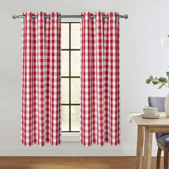 Buffalo Check Textured Grommet Window Curtain Panels for Kitchen Living Room Bedroom Farmhouse Window Treatment Drapes, 37 x 84 inch,Red/White, 2 Panels
