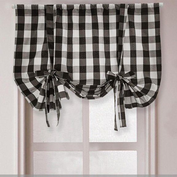 Buffalo Check Tie Up Curtains for Windows,23.6 x 47.2 inches Rod Pocket Semi Sheer Light Filtering Balloon Curtain for Kitchen Farmhouse,Black and White,1 Panel