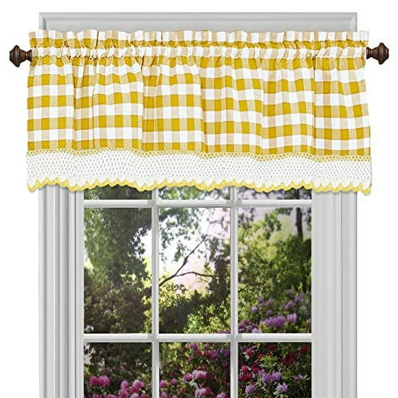 Buffalo Check Valance Window Curtains - 58 Inch Width, 14 Inch Length - Yellow & White Plaid - Light Filtering Farmhouse Country Drapes for Bedroom Living & Dining Room by Achim Home Decor