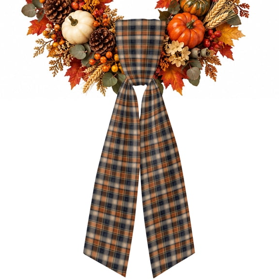 Buffalo Check Wreath Sash for Front Door, Rustic Terracotta Beige Gray Plaid Square Gingham Satin Wreath Ribbon Bow Accessory Garland Home Decor for Doorway Porch Yard 4.5x56