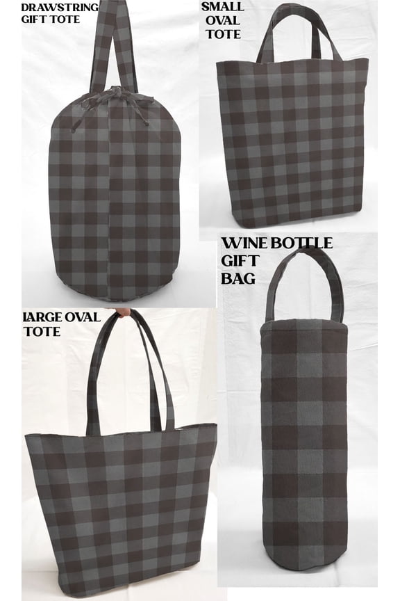 Buffalo Checked Plaid Reusable Fabric Gift Bags and/or Tote Bags (Wine Bottle Gift Bag) Dark Gray