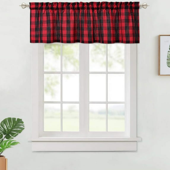 Buffalo Checker Pattern Valance Curtains for Kitchen Cafe, Plaid Gingham Thick Yarn Dyed Farmhouse Bathroom Window Curtains, Black and Red, 56" x 15"