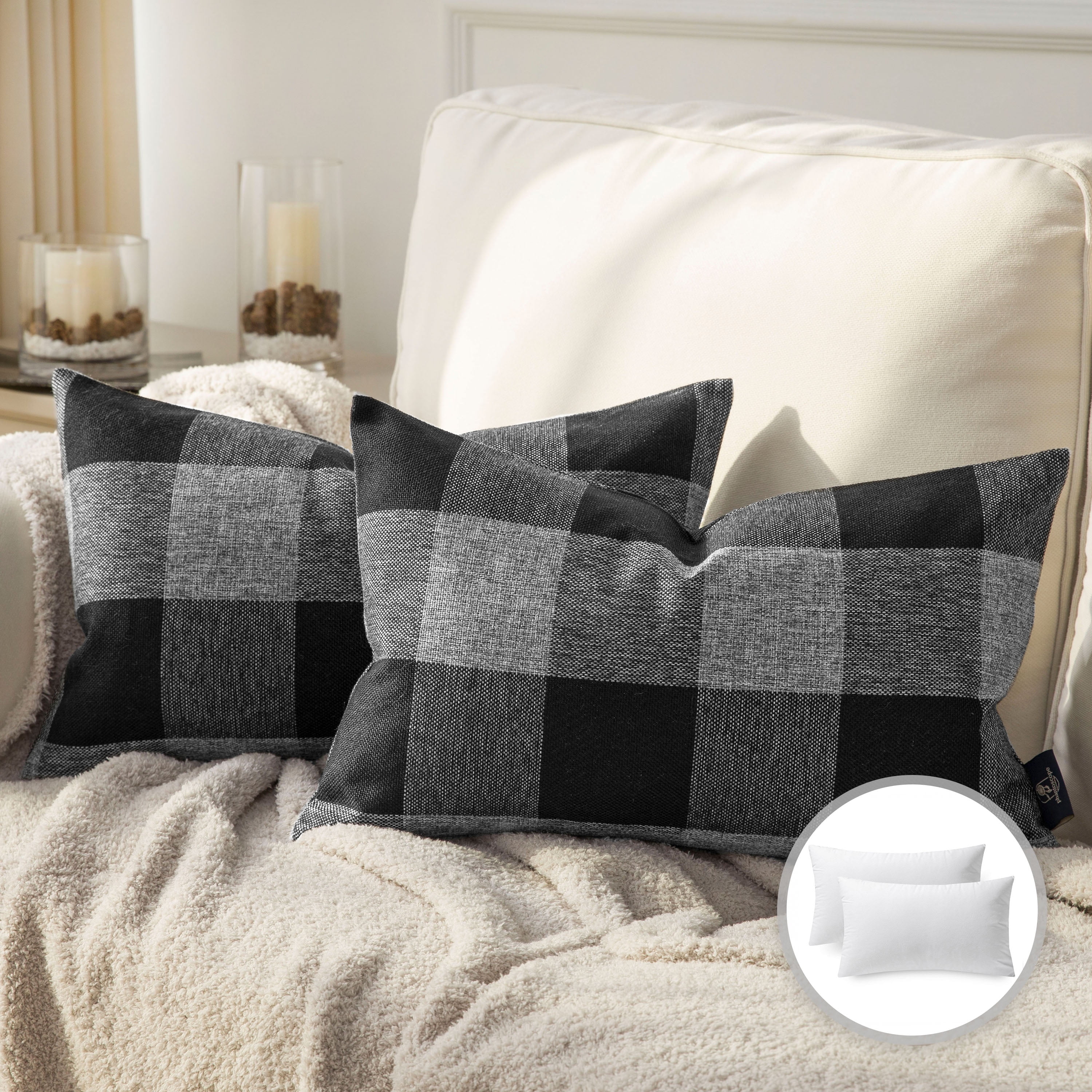 Set of 2 Gray Buffalo Plaid Plush Decor Throw Pillows - 16” - The