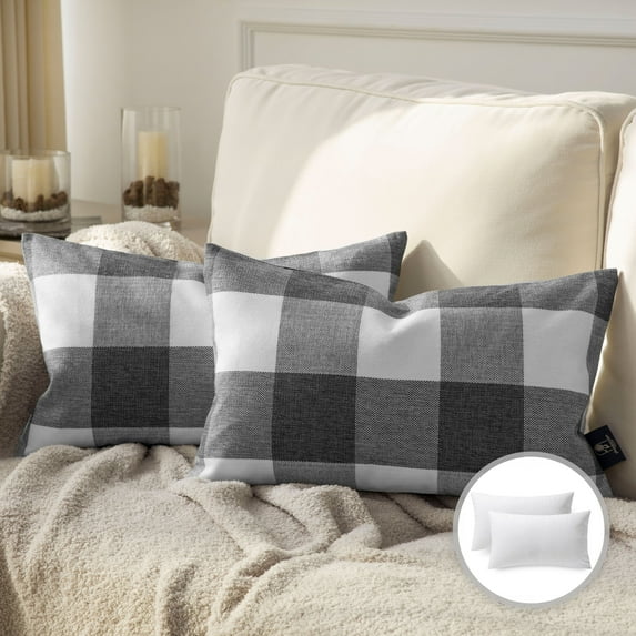 Buffalo Checker Plaids Series Cushion Rectangle Decorative Throw Pillow, Cusion for Couch, 12" x 20", Gray, 2 Pack