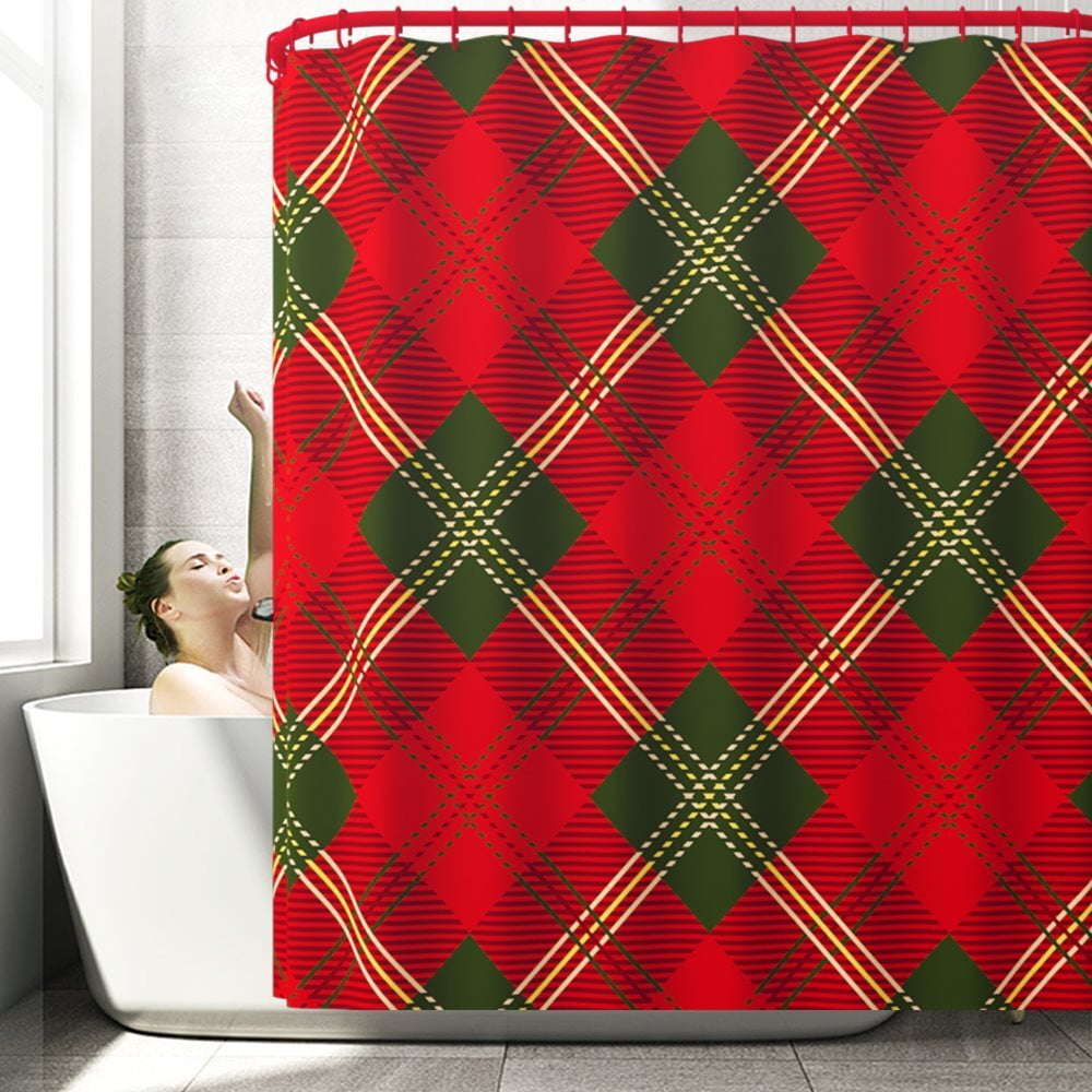 Buffalo Checkered Shower Curtain With 12 Red Hooks, Cloth Fabric