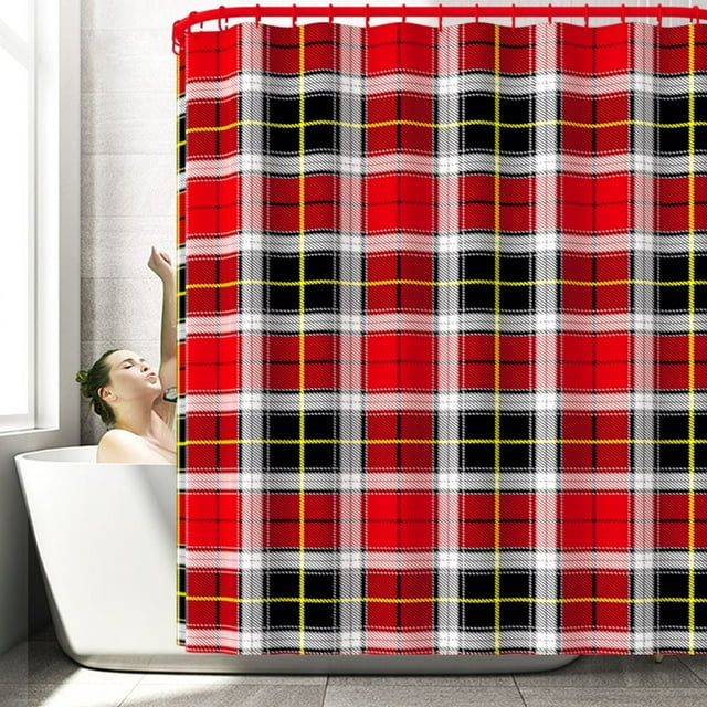 Buffalo Checkered Shower Curtain With 12 Red Hooks, Cloth Fabric